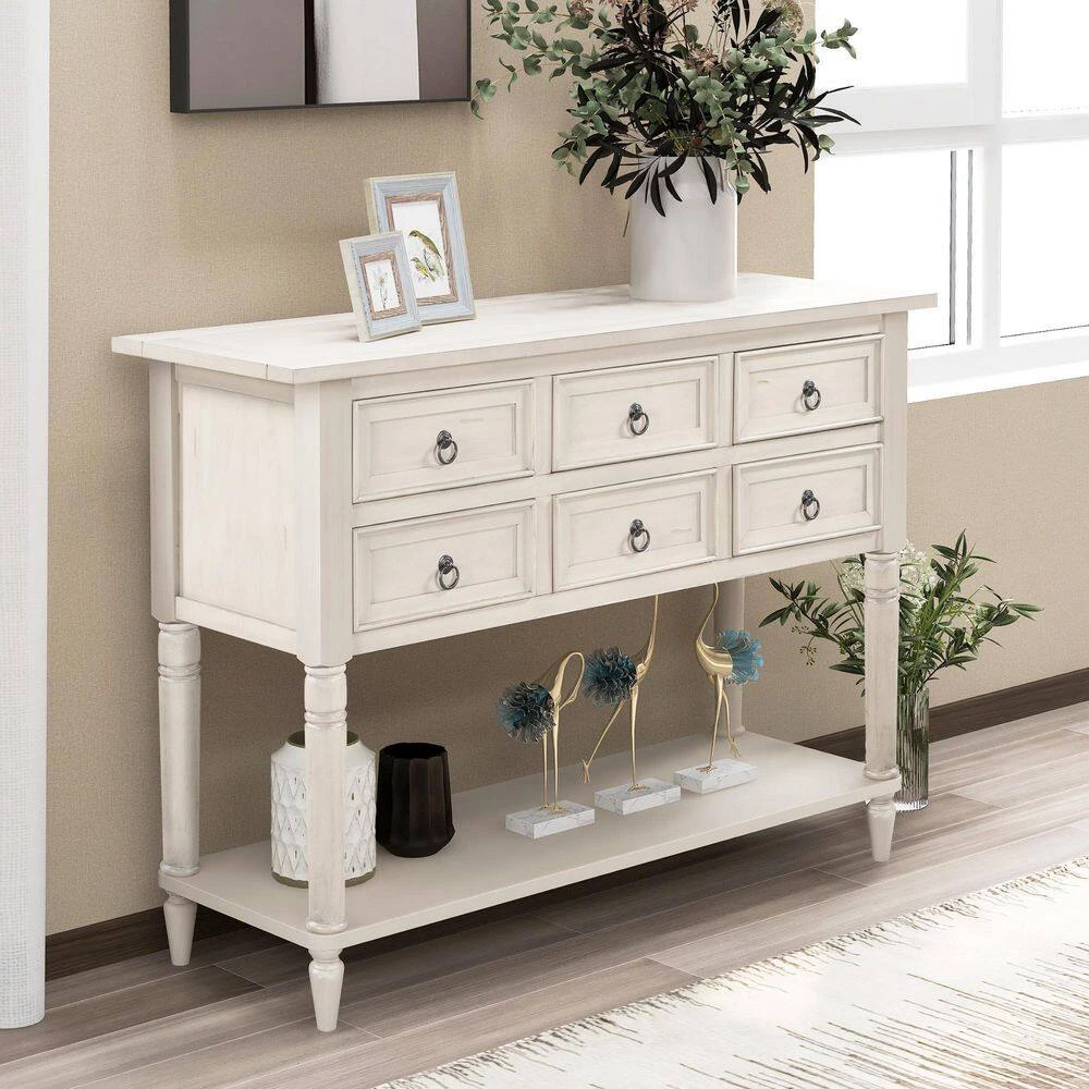 46 in. Antique White Modern Rectangle Wood Console Table with 6-Drawers and 1 Shelf by Huluwat 12 46 in. Antique White Modern Rectangle Wood Console Table with 6-Drawers and 1 Shelf by Huluwat - Image 10