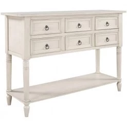 46 in. Antique White Modern Rectangle Wood Console Table with 6-Drawers and 1 Shelf by Huluwat
