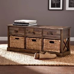 Clyde Antiqued Brown Storage Bench by Southern Enterprises -Southern Enterprises Sales antiqued brown finish with natural water hyacinth southern enterprises dining benches hd862132 76 1000