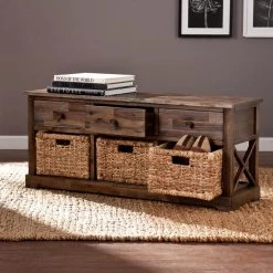 Clyde Antiqued Brown Storage Bench by Southern Enterprises -Southern Enterprises Sales antiqued brown finish with natural water hyacinth southern enterprises dining benches hd862132 77 1000