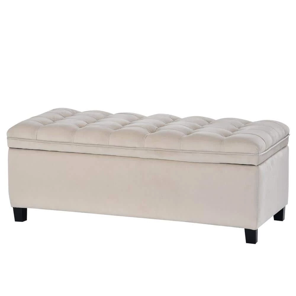 Beige Upholstered Flip Top Storage Bench with Button Tufted Top (16.1 in. H x 46.5 in. W x 20.1 in. D) by Huluwat 3 Beige Upholstered Flip Top Storage Bench with Button Tufted Top (16.1 in. H x 46.5 in. W x 20.1 in. D) by Huluwat