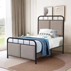 Beige Twin Size Linen Upholstered Platform Metal Bed Frame with fabric Headboard and Footboard by Huluwat -Southern Enterprises Sales beige huluwat platform beds dj tc w21428125 31 1000