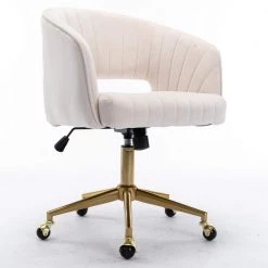 Beige Velvet Seat Office Chair With Adjustable Height by Huluwat