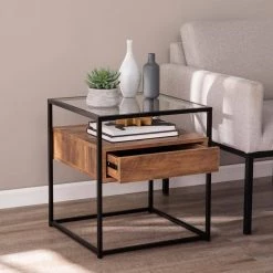 Winnifred Black and Natural Glass-Top Storage End Table by Southern Enterprises -Southern Enterprises Sales black and natural finish southern enterprises end side tables hd434261 4f 1000
