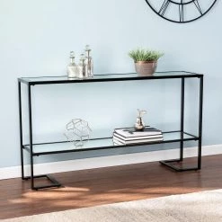 Ochila 52 in. Black Rectangle Glass Console Table with Shelves by Southern Enterprises