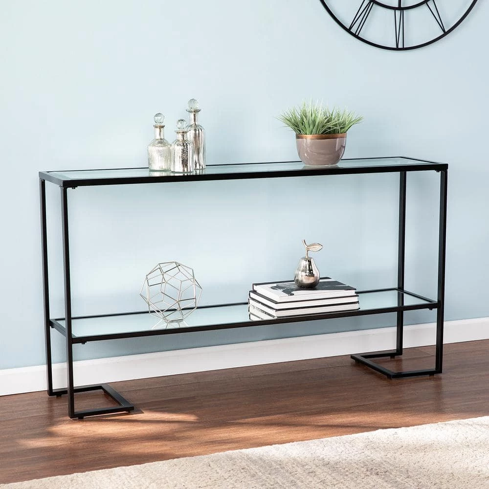 Ochila 52 in. Black Rectangle Glass Console Table with Shelves by Southern Enterprises 3 Ochila 52 in. Black Rectangle Glass Console Table with Shelves by Southern Enterprises