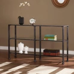 49 in. Black Rectangle Glass Console Table with Storage by Southern Enterprises