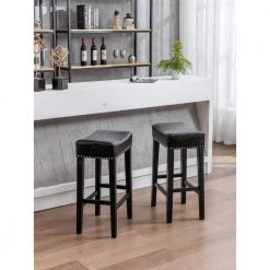 29 in. Black Backless Wood Frame Bar Stool with Faux Leather Seat for Kitchen Counter (Set of 2) by Huluwat -Southern Enterprises Sales black huluwat bar stools djyc g w114341383 31 1000
