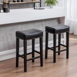 29 in. Black Backless Wood Frame Bar Stool with Faux Leather Seat for Kitchen Counter (Set of 2) by Huluwat -Southern Enterprises Sales black huluwat bar stools djyc g w114341383 4f 1000