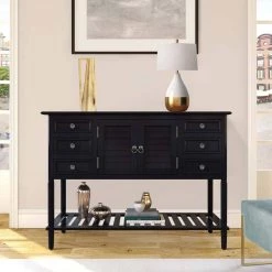 45 in. Black Modern Rectangle Solid Wood Console Table for Living Room with 6-Drawers, 1-Cabinets and 1-Shelf by Huluwat -Southern Enterprises Sales black huluwat console tables dj tc wf280260aab 31 1000