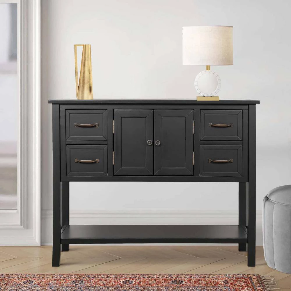 43 in. Black Modern Rectangle Solid Wood Console Table for Living Room with 4-Drawers, 1-Cabinet and 1-Shelf by Huluwat 11 43 in. Black Modern Rectangle Solid Wood Console Table for Living Room with 4-Drawers, 1-Cabinet and 1-Shelf by Huluwat - Image 9