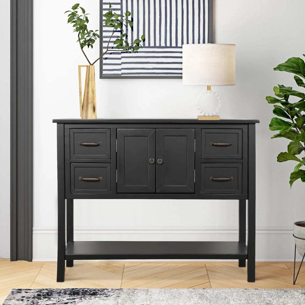 43 in. Black Modern Rectangle Solid Wood Console Table for Living Room with 4-Drawers, 1-Cabinet and 1-Shelf by Huluwat 4 43 in. Black Modern Rectangle Solid Wood Console Table for Living Room with 4-Drawers, 1-Cabinet and 1-Shelf by Huluwat - Image 2