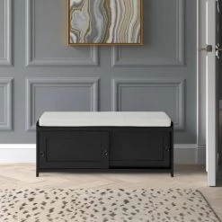 Black Homes Collection Wood Storage Bench with 2-Cabinets (19.3 in. H x 46.8 in. W x 15.3 in. D) by Huluwat -Southern Enterprises Sales black huluwat dining benches dj tc wf195954aab 31 1000