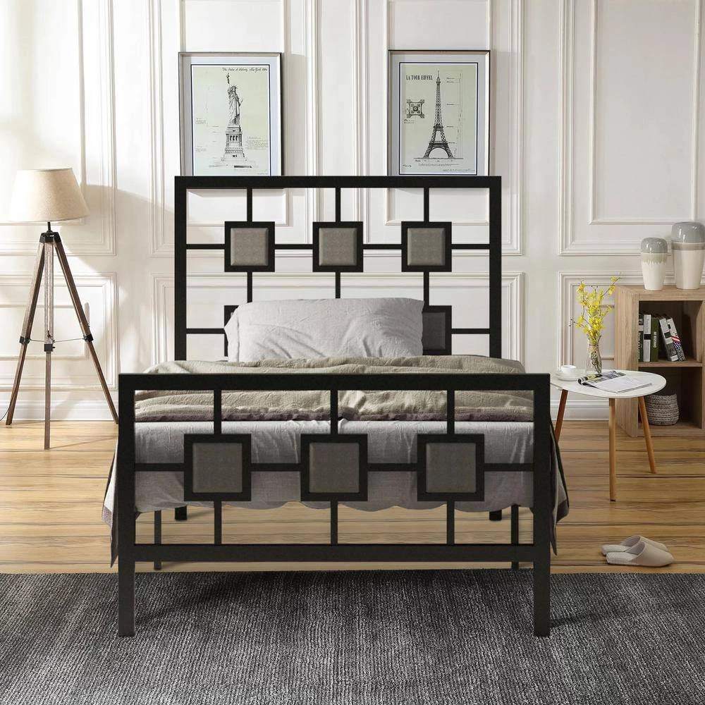 Black Metal Bed Frame Twin Size Platform No Box Spring Needed with Square design Headboard and Footboard by Huluwat 10 Black Metal Bed Frame Twin Size Platform No Box Spring Needed with Square design Headboard and Footboard by Huluwat - Image 8