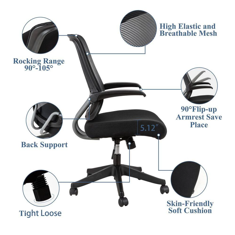 Black Nylon Mesh Office Chair with Flip-up Armrests by Huluwat 7 Black Nylon Mesh Office Chair with Flip-up Armrests by Huluwat - Image 5