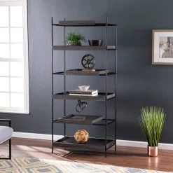 Drysdale 72 in. Wood Black 6-Shelf Etagere Bookcase with Sliding Shelves by Southern Enterprises -Southern Enterprises Sales black southern enterprises bookcases bookshelves hd391250 31 1000