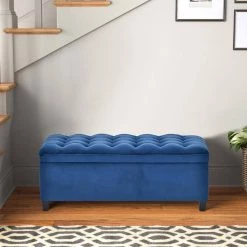 Blue Upholstered Flip Top Storage Bench with Tufted Top (16.1 in. H x 46.5 in. W x 20.1 in. D) by Huluwat -Southern Enterprises Sales blue huluwat bedroom benches dj tc wf280924aav 31 1000