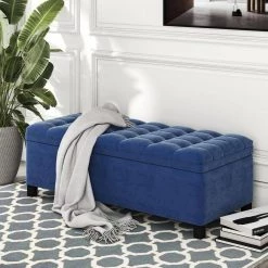 Blue Upholstered Flip Top Storage Bench with Tufted Top (16.1 in. H x 46.5 in. W x 20.1 in. D) by Huluwat -Southern Enterprises Sales blue huluwat bedroom benches dj tc wf280924aav 76 1000