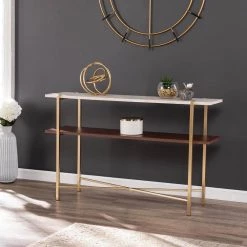 48 in. Ballia Brass/Dark Tobacco/White Faux Travertine Rectangle Wood Console Table with Storage by Southern Enterprises -Southern Enterprises Sales brass and dark tobacco finish w white faux travertine southern enterprises console tables hd432939 31 1000