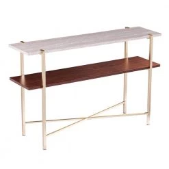 48 in. Ballia Brass/Dark Tobacco/White Faux Travertine Rectangle Wood Console Table with Storage by Southern Enterprises