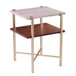 Ballia Brass and Dark Tobacco with White Faux Travertine Square Storage End Table by Southern Enterprises -Southern Enterprises Sales brass and dark tobacco finish w white faux travertine southern enterprises end side tables hd432922 4f 1000