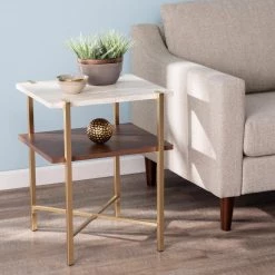 Ballia Brass and Dark Tobacco with White Faux Travertine Square Storage End Table by Southern Enterprises