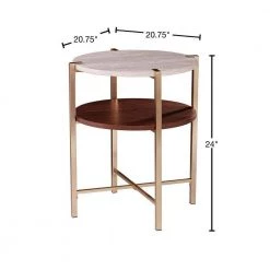 Ballia Brass and Dark Tobacco with White Faux Travertine Round End Table by Southern Enterprises -Southern Enterprises Sales brass and dark tobacco finish w white faux travertine southern enterprises end side tables hd432953 40 1000