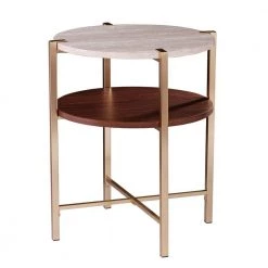 Ballia Brass and Dark Tobacco with White Faux Travertine Round End Table by Southern Enterprises -Southern Enterprises Sales brass and dark tobacco finish w white faux travertine southern enterprises end side tables hd432953 4f 1000