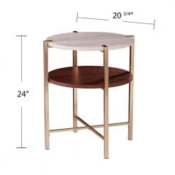 Ballia Brass and Dark Tobacco with White Faux Travertine Round End Table by Southern Enterprises -Southern Enterprises Sales brass and dark tobacco finish w white faux travertine southern enterprises end side tables hd432953 76 1000