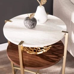 Ballia Brass and Dark Tobacco with White Faux Travertine Round End Table by Southern Enterprises -Southern Enterprises Sales brass and dark tobacco finish w white faux travertine southern enterprises end side tables hd432953 c3 1000