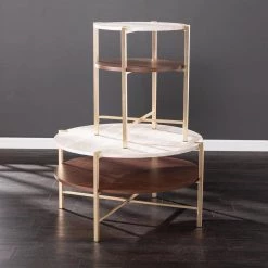 Ballia Brass and Dark Tobacco with White Faux Travertine Round End Table by Southern Enterprises -Southern Enterprises Sales brass and dark tobacco finish w white faux travertine southern enterprises end side tables hd432953 fa 1000