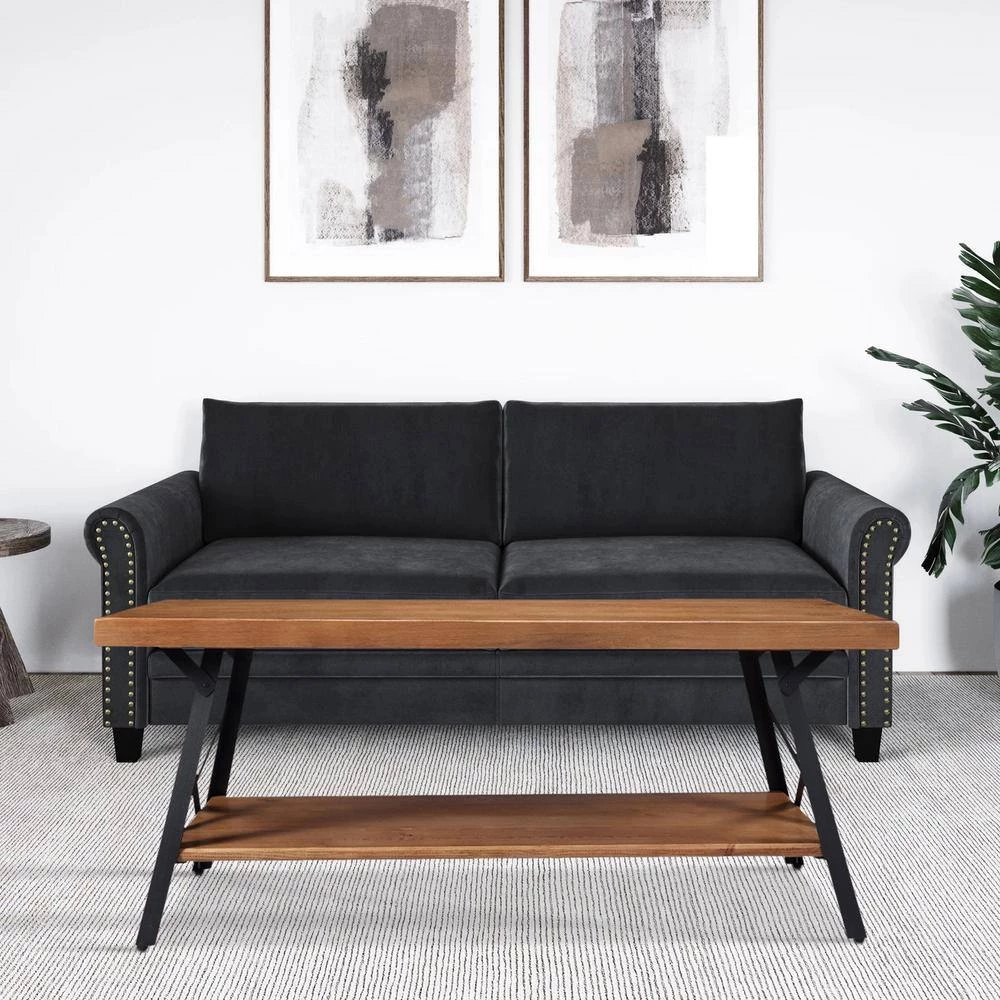 43 in. Brown Rectangle Solid Wood Rustic Coffee Table with Metal Legs by Huluwat 9 43 in. Brown Rectangle Solid Wood Rustic Coffee Table with Metal Legs by Huluwat - Image 7