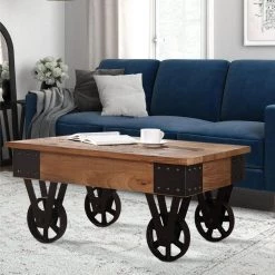 35 in. Brown Rectangle MDF Distressed Coffee Table with Wheels by Huluwat -Southern Enterprises Sales brown huluwat coffee tables dj tc wf036986daa 31 1000