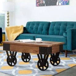 35 in. Brown Rectangle MDF Distressed Coffee Table with Wheels by Huluwat -Southern Enterprises Sales brown huluwat coffee tables dj tc wf036986daa fa 1000
