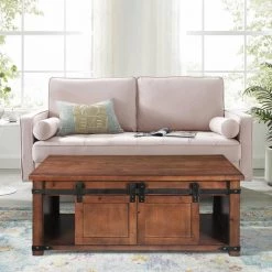 48 in. Brown Rectangle MDF Coffee Table with Storage Shelf and Cabinets, Sliding Doors by Huluwat -Southern Enterprises Sales brown huluwat coffee tables dj tc wf191334aad 76 1000