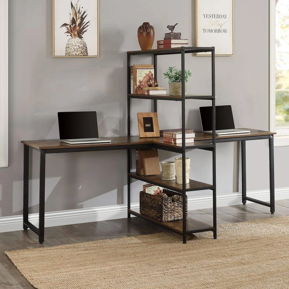 90 in. Rectangular Brown MDF Home Office 2 Person Computer Desk with Storage Shelves by Huluwat 11 90 in. Rectangular Brown MDF Home Office 2 Person Computer Desk with Storage Shelves by Huluwat - Image 9