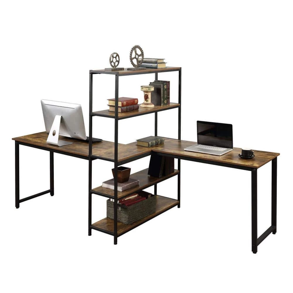 90 in. Rectangular Brown MDF Home Office 2 Person Computer Desk with Storage Shelves by Huluwat 5 90 in. Rectangular Brown MDF Home Office 2 Person Computer Desk with Storage Shelves by Huluwat - Image 3