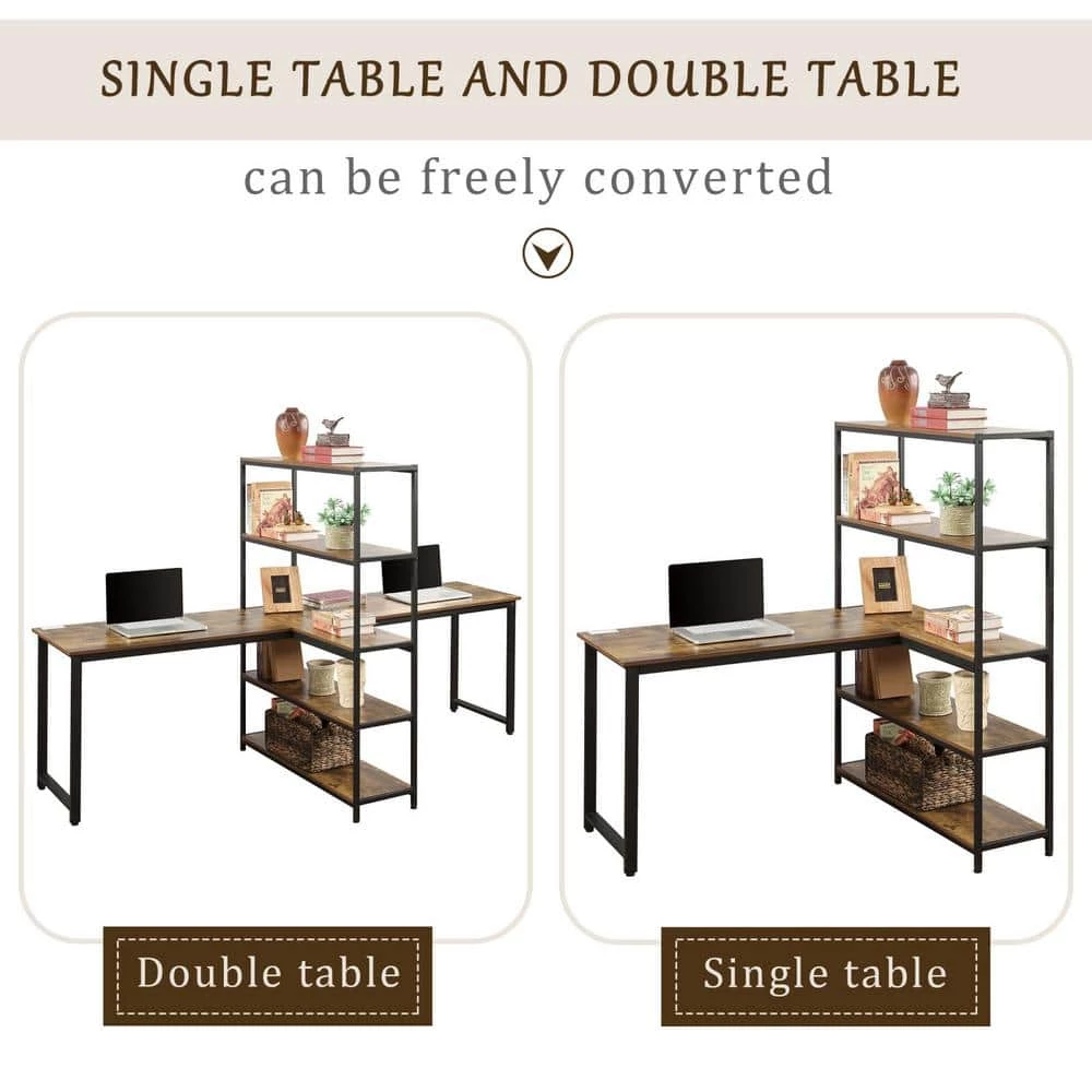 90 in. Rectangular Brown MDF Home Office 2 Person Computer Desk with Storage Shelves by Huluwat 4 90 in. Rectangular Brown MDF Home Office 2 Person Computer Desk with Storage Shelves by Huluwat - Image 2