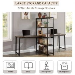 90 in. Rectangular Brown MDF Home Office 2 Person Computer Desk with Storage Shelves by Huluwat 17 90 in. Rectangular Brown MDF Home Office 2 Person Computer Desk with Storage Shelves by Huluwat -Southern Enterprises Sales brown huluwat computer desks dj tc yl000002aat fa 1000