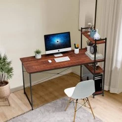 55 in. Rectangular Brown Particleboard No Drawer Computer Desk with 3-Layer Bookshelf by Huluwat -Southern Enterprises Sales brown huluwat computer desks jh tc dk00455bksw 31 1000