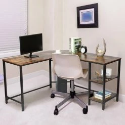 54 in. L-Shape Brown MDF No Drawer Computer Desk with Storage Shelves by Huluwat -Southern Enterprises Sales brown huluwat computer desks xyd g jsb od 01br 77 1000