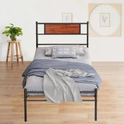 77.2 in. L x 35.91 in. W Brown Particleboard and Metal Simple Plank Bed by Huluwat -Southern Enterprises Sales brown huluwat platform beds jh tc bd001twbksw 31 1000