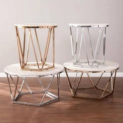 Ensla 33 in. Champagne/Faux Travertine Medium Round Stone Coffee Table by Southern Enterprises -Southern Enterprises Sales champagne and faux travertine finish southern enterprises coffee tables hd530963 1f 1000