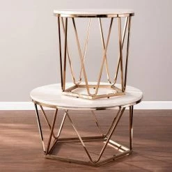 Ensla 33 in. Champagne/Faux Travertine Medium Round Stone Coffee Table by Southern Enterprises -Southern Enterprises Sales champagne and faux travertine finish southern enterprises coffee tables hd530963 44 1000