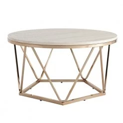 Ensla 33 in. Champagne/Faux Travertine Medium Round Stone Coffee Table by Southern Enterprises