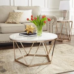 Ensla 33 in. Champagne/Faux Travertine Medium Round Stone Coffee Table by Southern Enterprises -Southern Enterprises Sales champagne and faux travertine finish southern enterprises coffee tables hd530963 66 1000