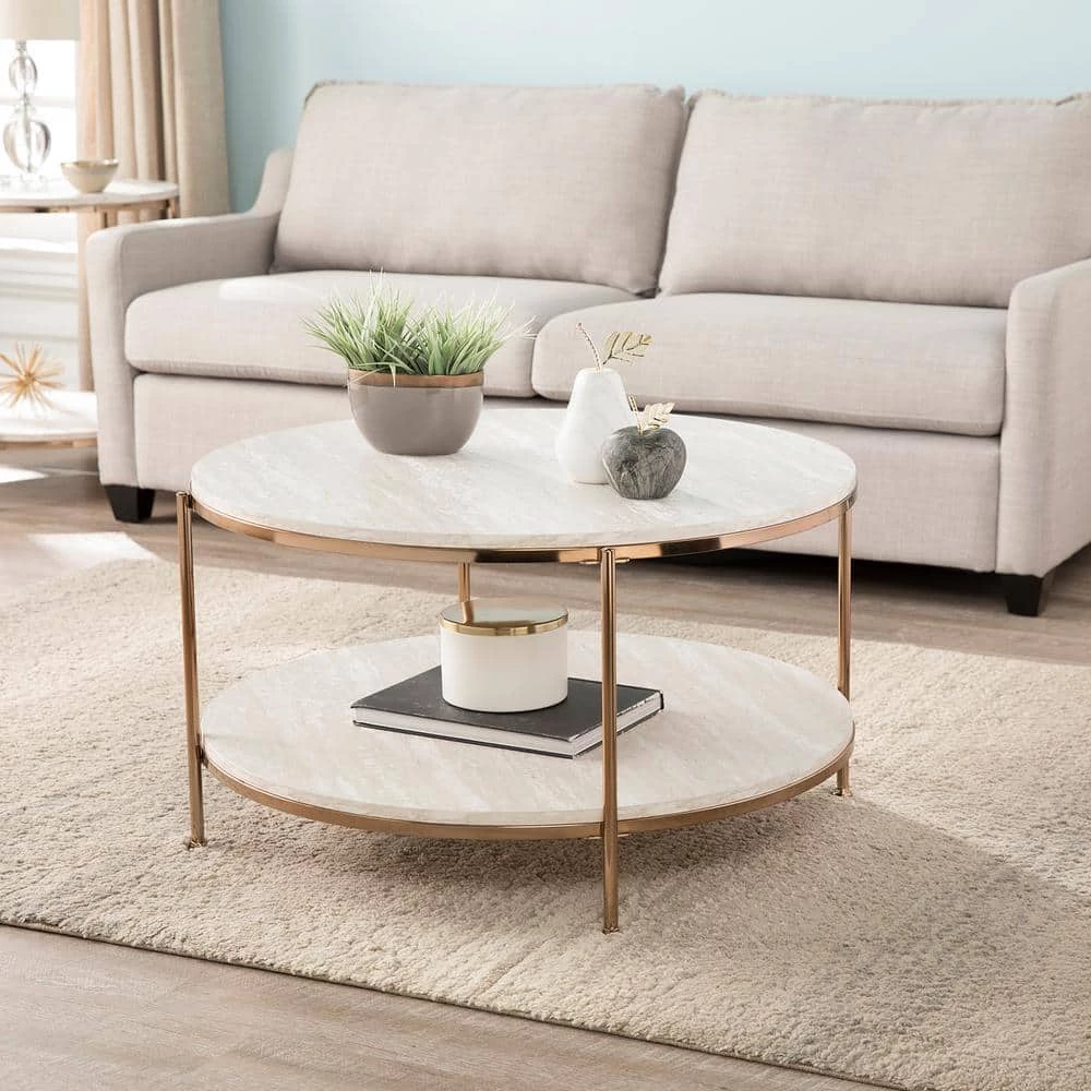 Kaitlyn 34 in. Gold Medium Round Resin Coffee Table with Shelf by Southern Enterprises 5 Kaitlyn 34 in. Gold Medium Round Resin Coffee Table with Shelf by Southern Enterprises - Image 3