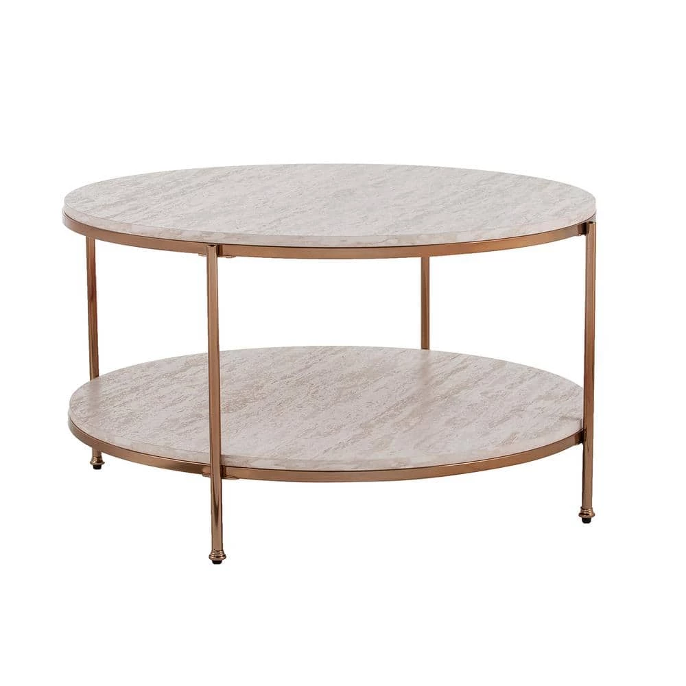 Kaitlyn 34 in. Gold Medium Round Resin Coffee Table with Shelf by Southern Enterprises 4 Kaitlyn 34 in. Gold Medium Round Resin Coffee Table with Shelf by Southern Enterprises - Image 2