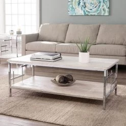 Davis 48 in. Chrome Large Rectangle Stone Coffee Table with Shelf by Southern Enterprises -Southern Enterprises Sales chrome finish w faux travertine marble southern enterprises coffee tables hd433387 31 1000