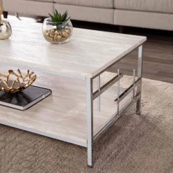 Davis 48 in. Chrome Large Rectangle Stone Coffee Table with Shelf by Southern Enterprises -Southern Enterprises Sales chrome finish w faux travertine marble southern enterprises coffee tables hd433387 c3 1000